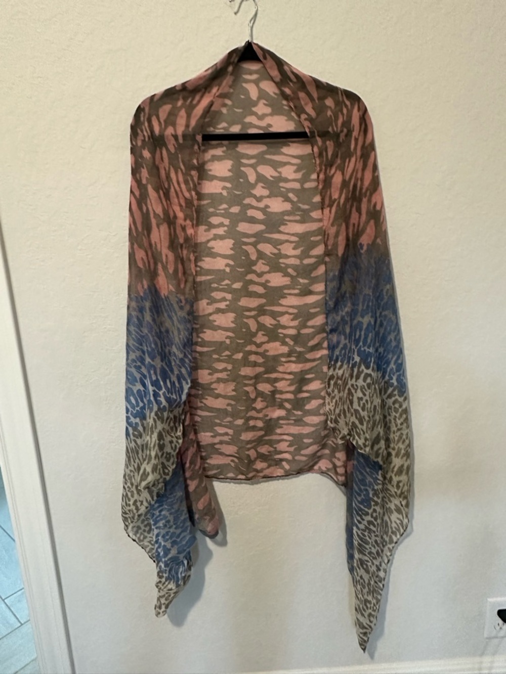 Lightweight Pink and Olive Animal Print Scarf with Blue and Cream Accents